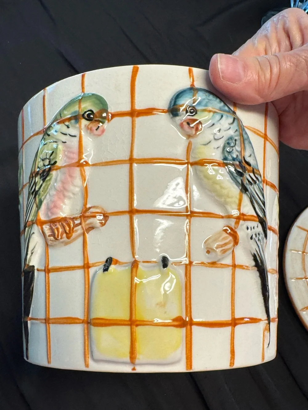 Vintage ceramic Parakeet Cookie Jar with Orange Lid